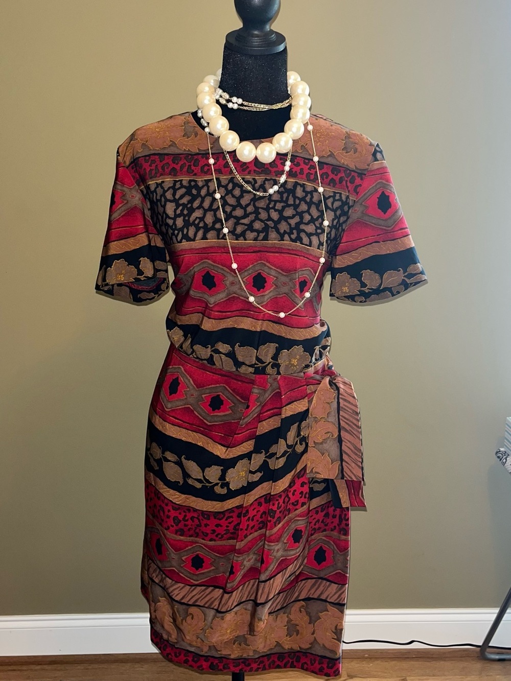 Sag Harbor Red, Black & Tan Patterned Midi Dress
